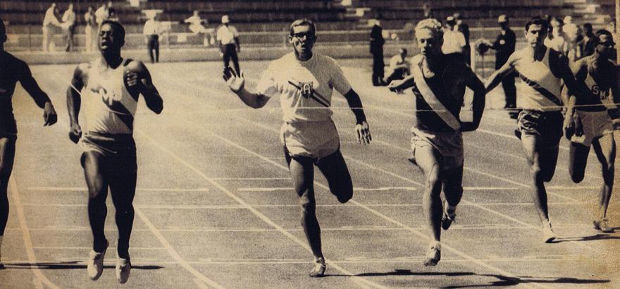 Shown here on left winning State 220 yard dash in 20.7 in 1967, that time still stands as the fastest Empire 200 ever at a converted 20.82. The time broke the National High School record that he had co-held at 20.9 with four others.	