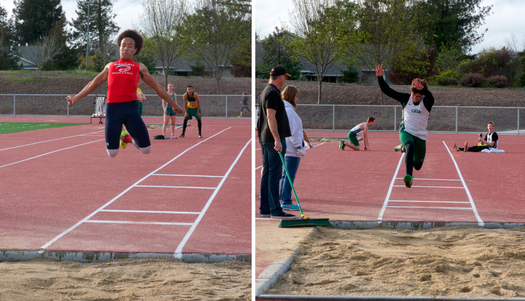 Malcolm Gilliam, 12, Rancho Cotate on left long jumping  had NBL leading marks in both LJ 18-5.25  & TJ 34-4.  Jumper on right is Casa’s Kyle Sutton.