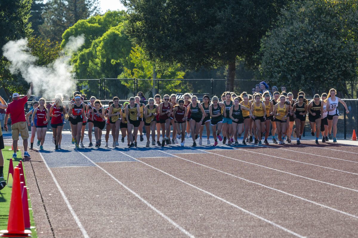 Large group of female runners starting race