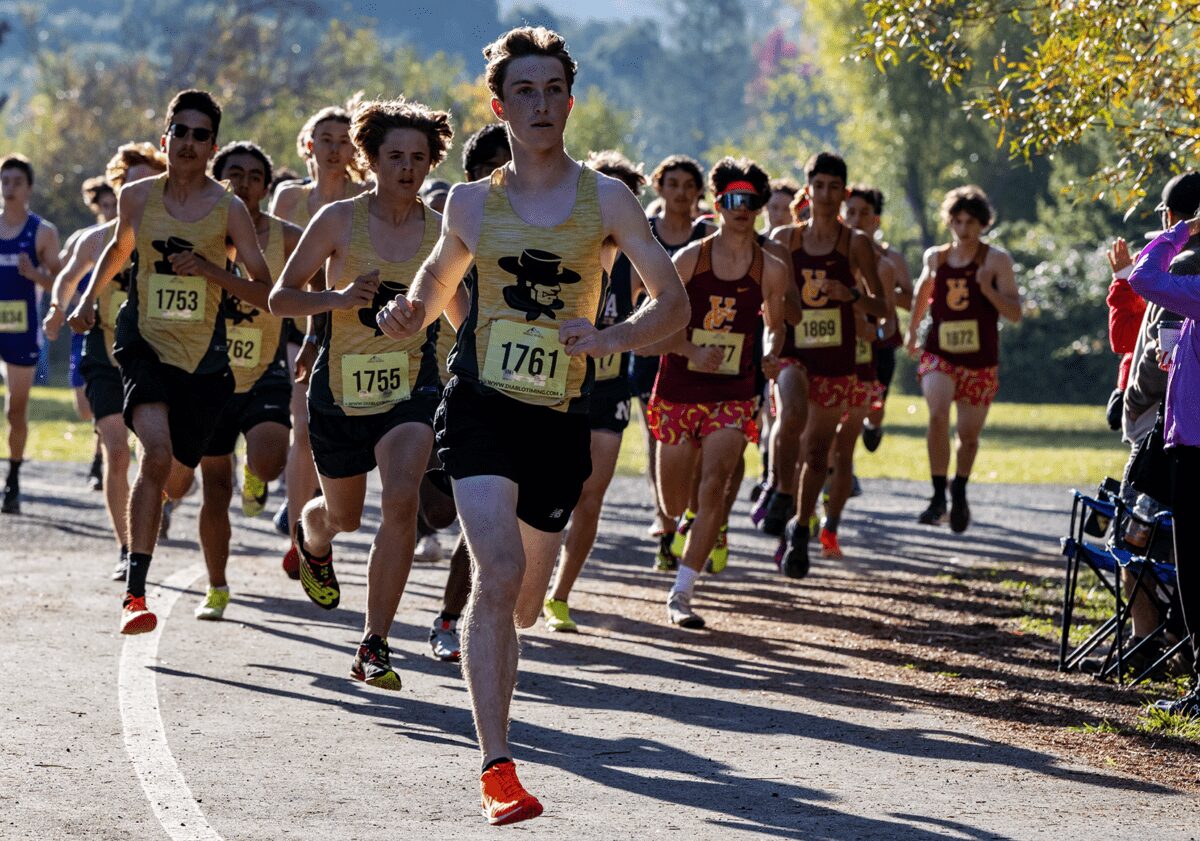 Cross-country runners racing on tree-lined path