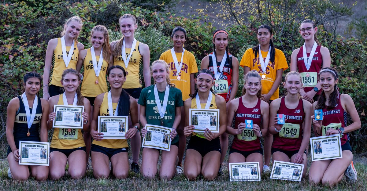 High school girls cross-country team with awards