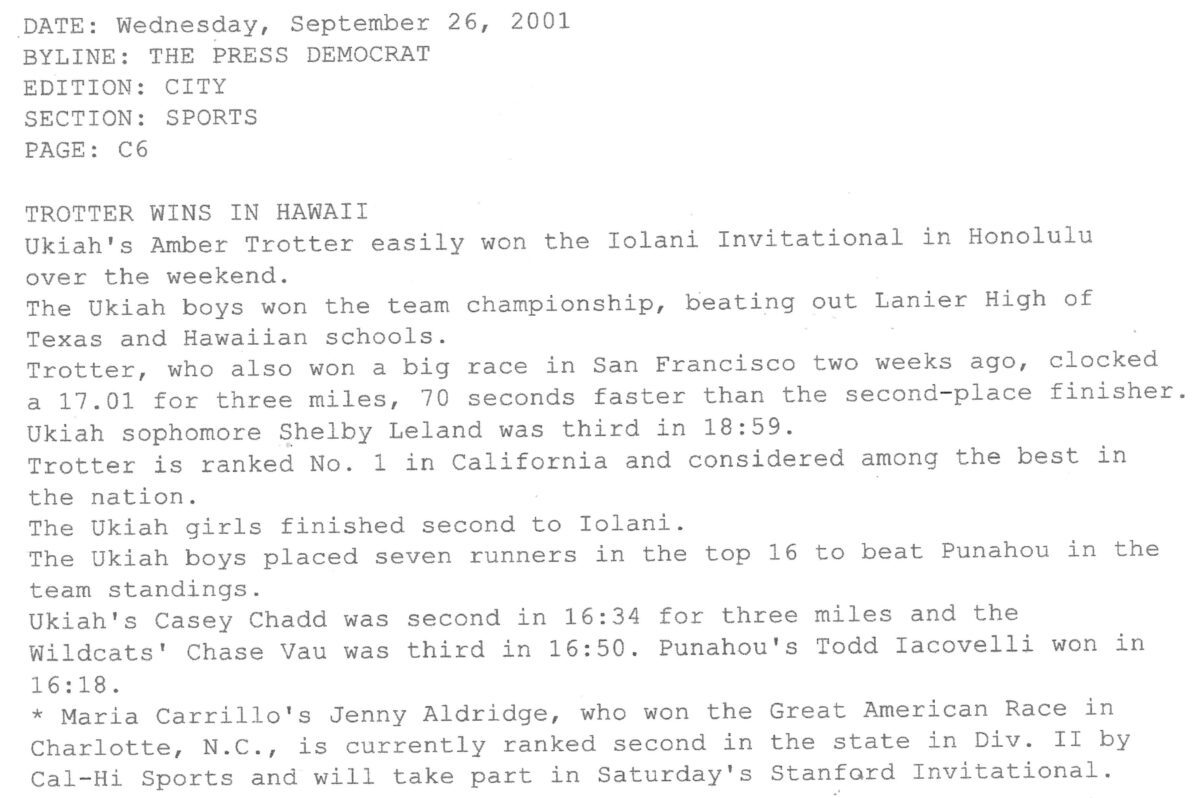 Newspaper sports clipping about Hawaii race results