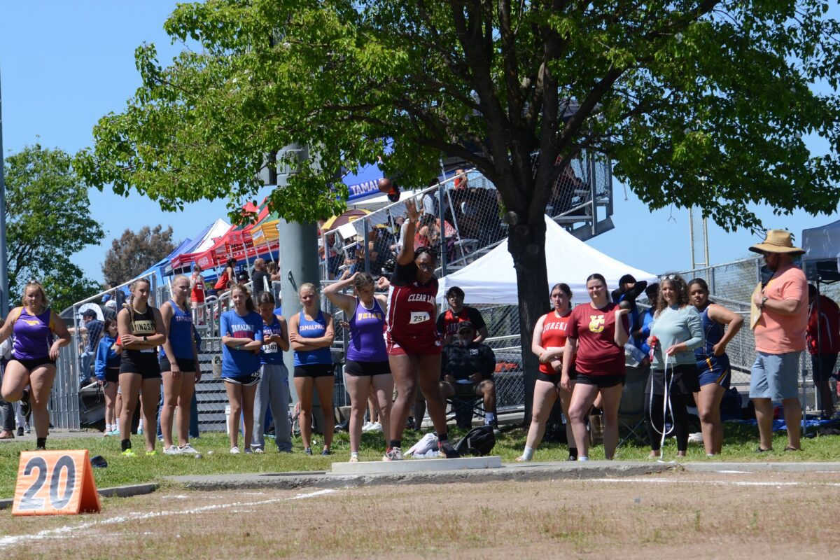 Female athletes at outdoor shot put competition