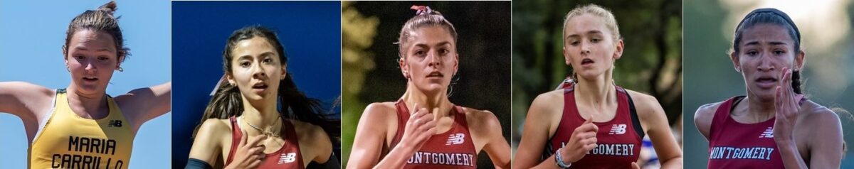 Five female runners in maroon collegiate uniforms
