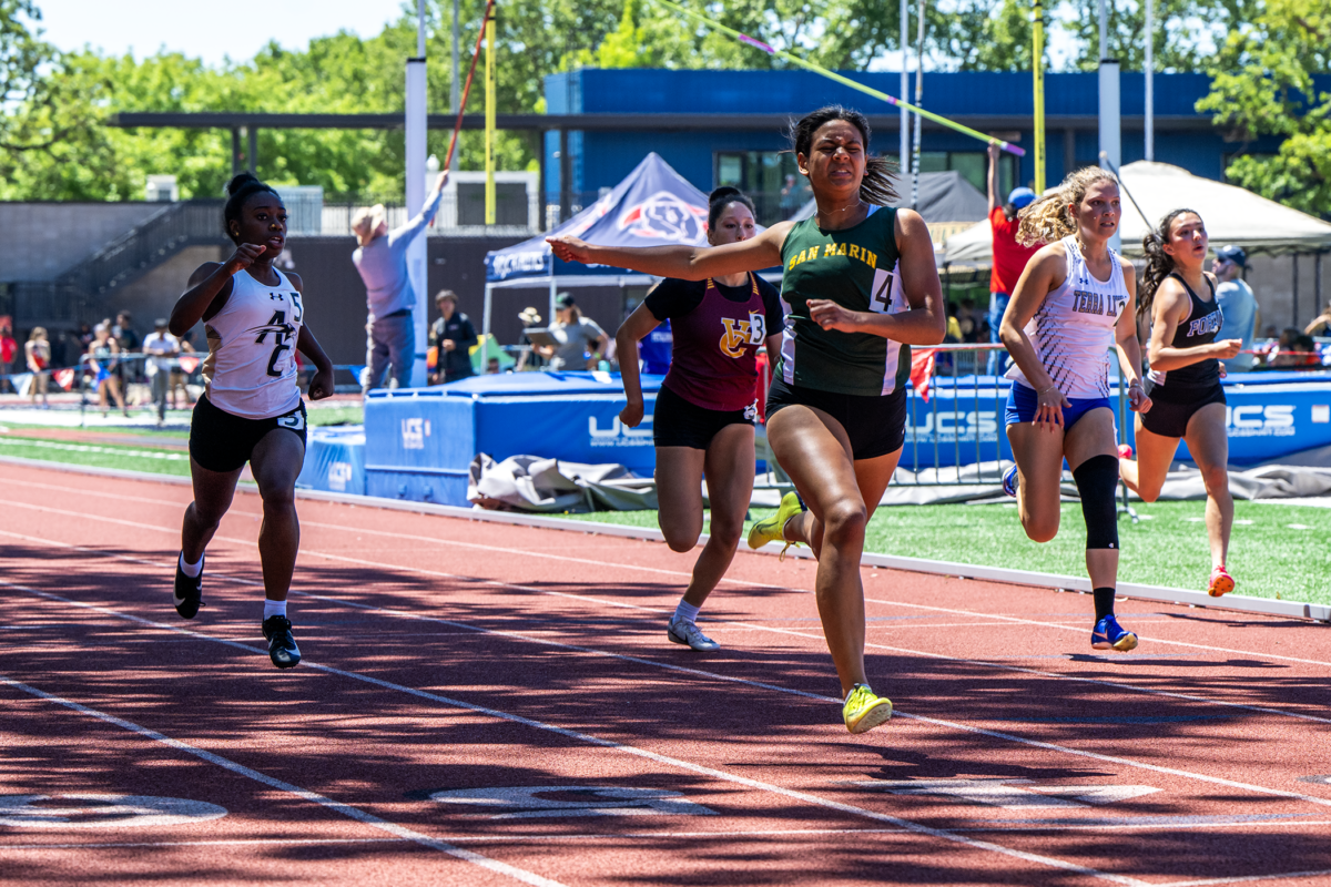 Female sprinters competing on outdoor track