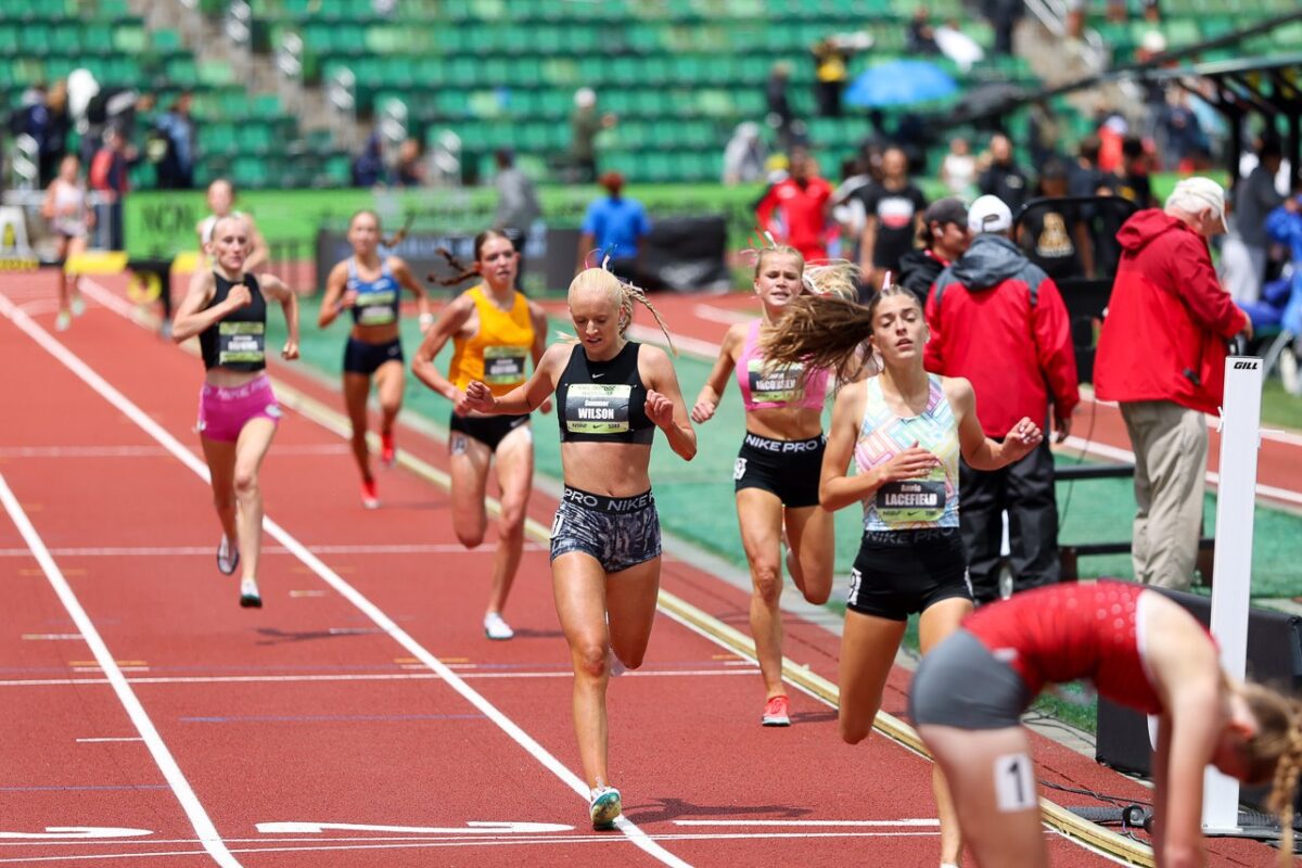 Women sprinting toward finish on outdoor track