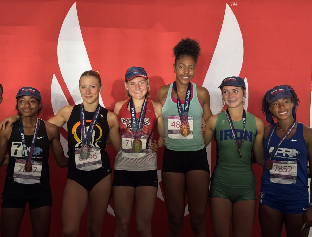 Group of female track athletes wearing medals