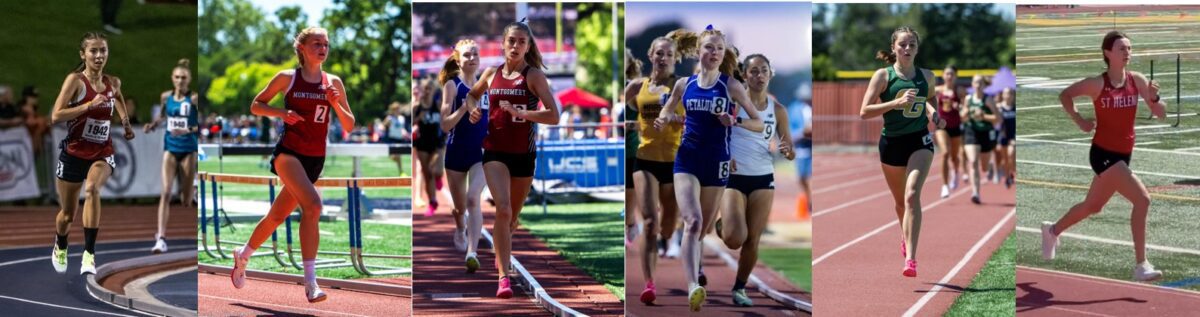 Collage of female track runners mid-race
