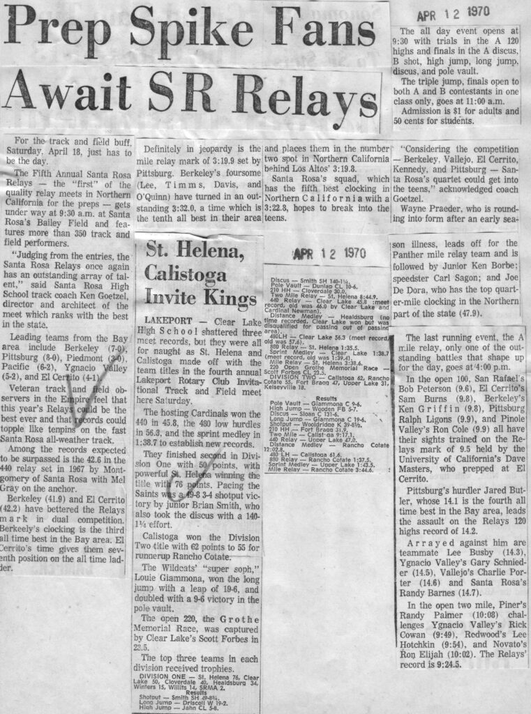 Vintage newspaper clipping about the 5K relays and college track events.