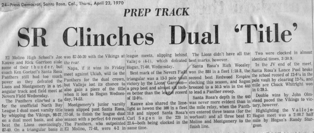 Newspaper clipping about a prep track dual meet.