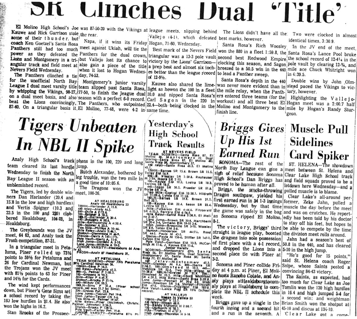 Newspaper clipping announcing Sir clinching dual titles in basketball.