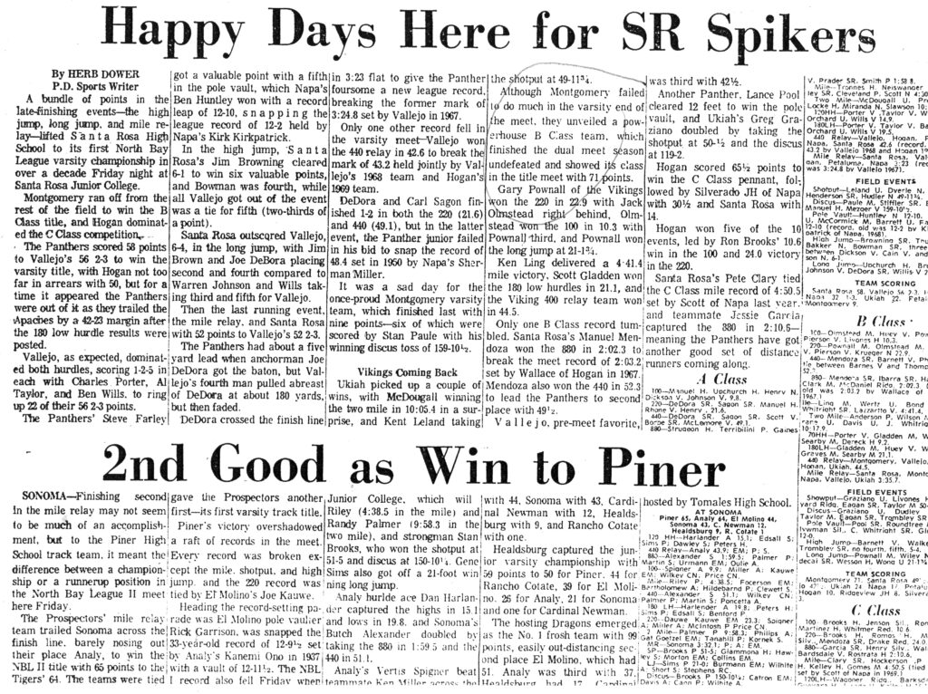 Newspaper clipping about SR Spike's happy days and a win for Piner.