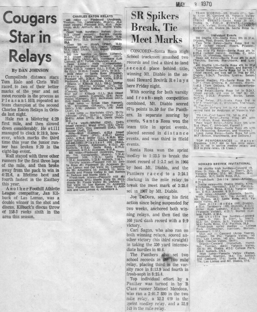 Newspaper clipping showing sports relay events and athlete highlights.