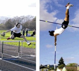 Athletes competing in hurdles and pole vault events outdoors.