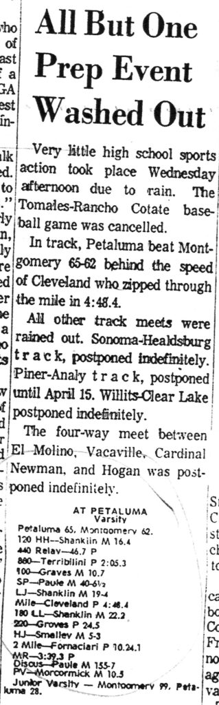 Newspaper clipping highlighting a track event postponed due to rain.