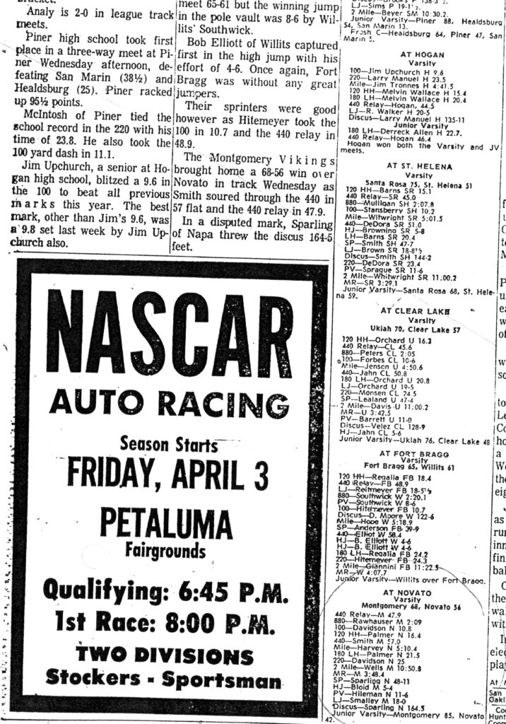 Newspaper ad for NASCAR auto racing event on April 3 at 6:45 PM.