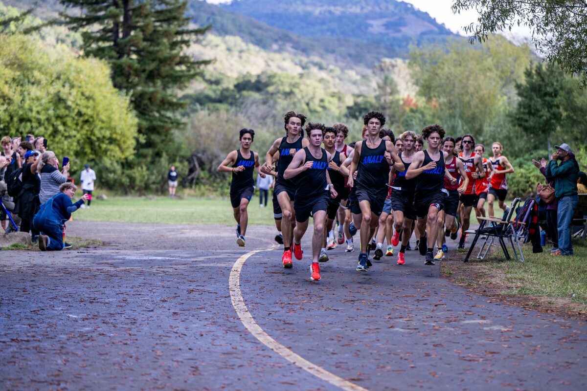 Runners competing in a cross-country race on a dirt path.
