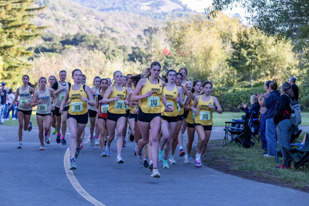 Yellow-uniformed team pacing together on trail
