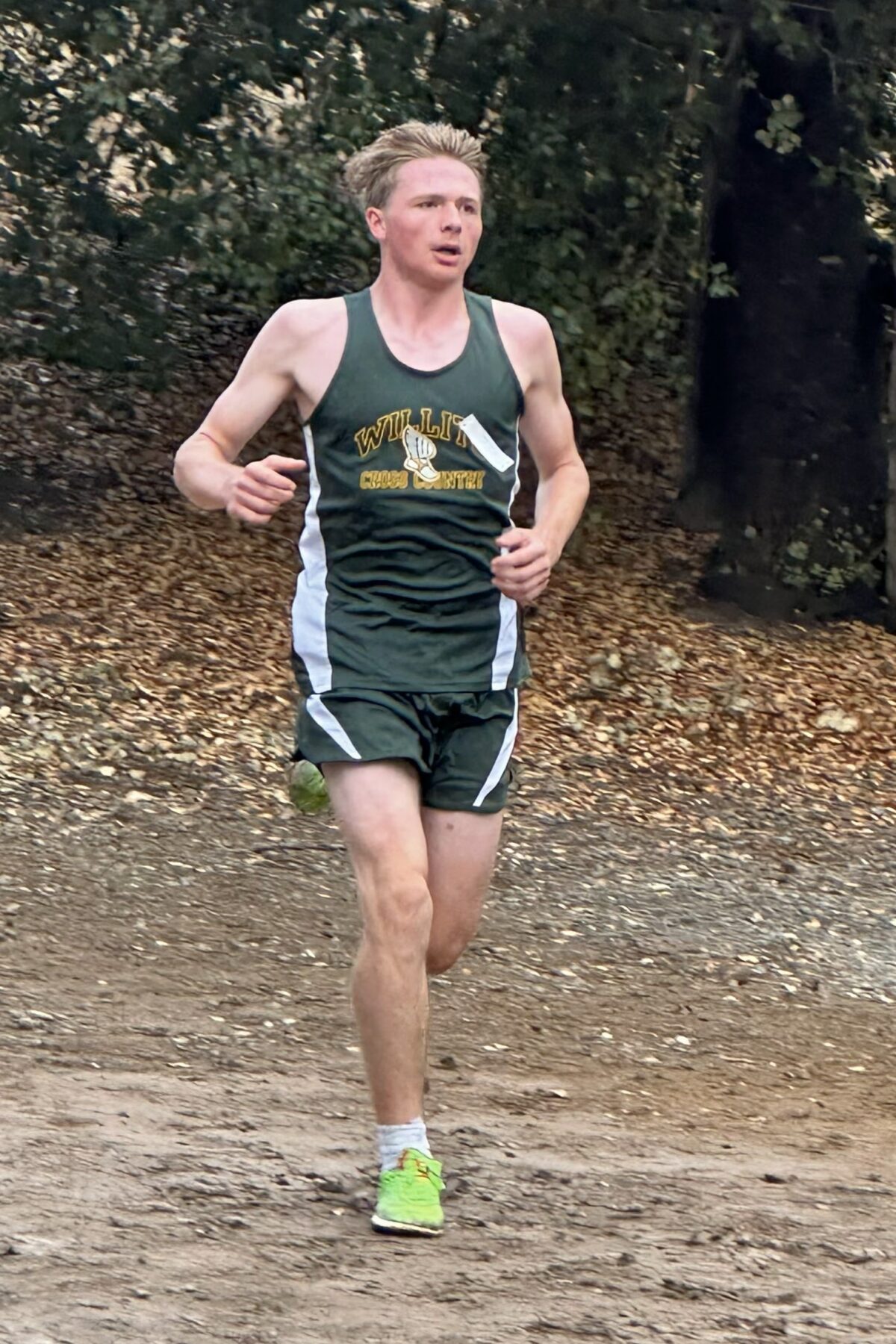 Runner wearing neon-green shoes on wooded trail
