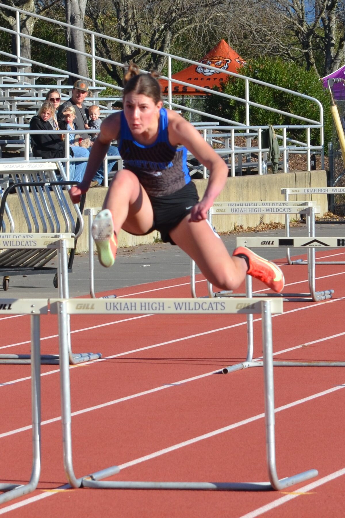 Female hurdler clearing hurdle on track